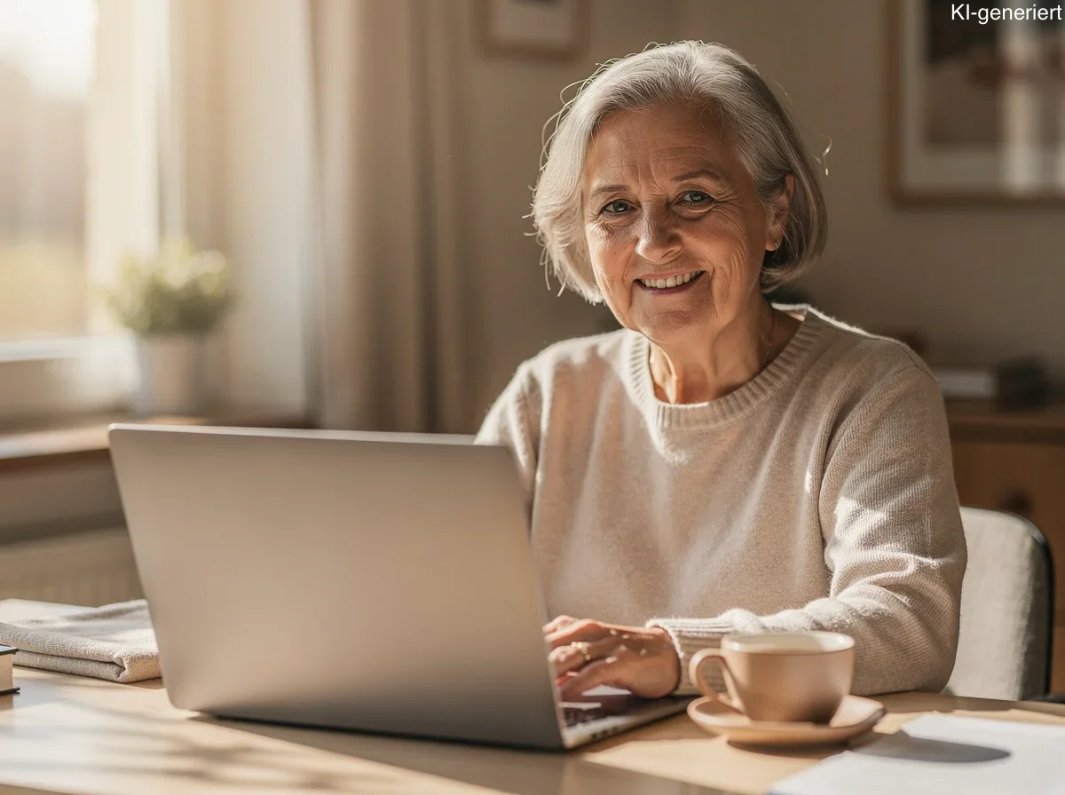 Eine Frau sitzt entspannt lächelnd am Laptop, die Morgensonne scheint durchs Fenster, daneben eine Tasse Tee.