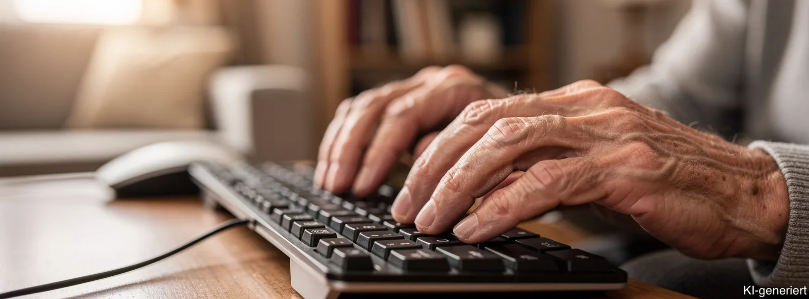 Die Hände eines älteren Mannes ruhen entspannt auf einer Computer-Tastatur, daneben liegt die Maus.