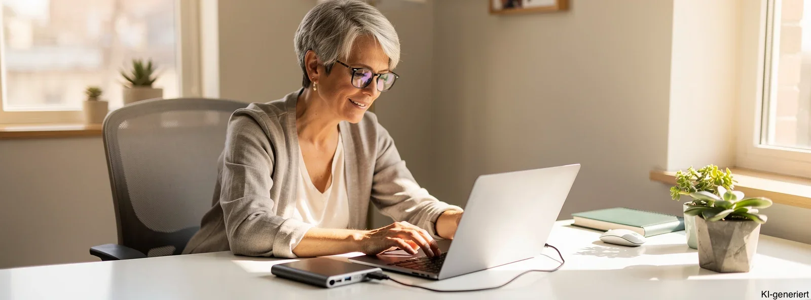 Eine Frau arbeitet konzentriert am Laptop, daneben ist eine externe Festplatte angeschlossen.